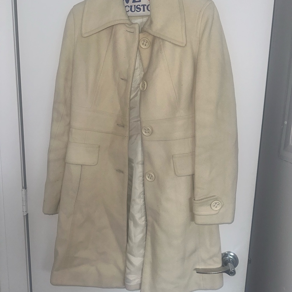 Cream Wool-Blend Long Button Coat